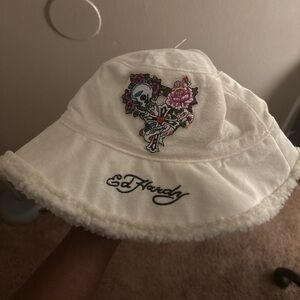 Ed Hardy White Faux Fur Bucket Hat with Tattoo Skull and Flower Embroidery